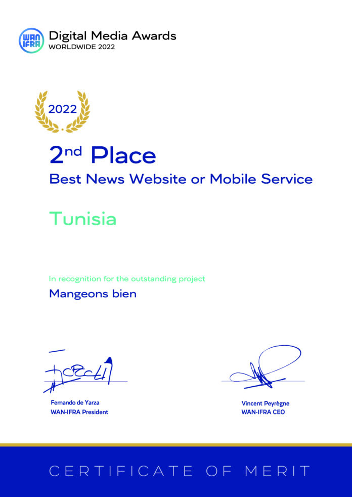 « Digital Media Awards Worldwide 2022 » : Le Web Magazine Tunisien « Mangeons bien » remporte la 2ème Place Mondiale
