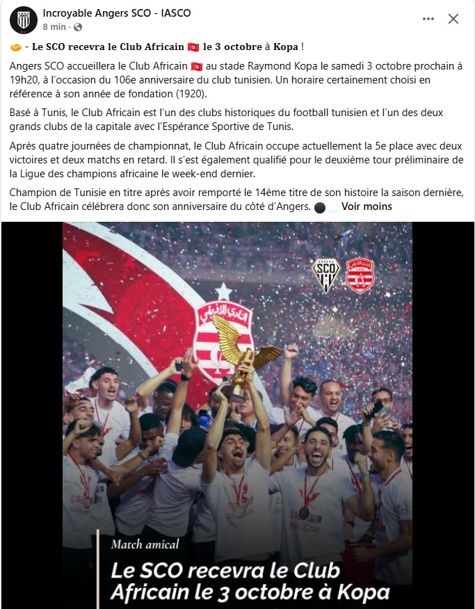 Le Club Africain invité à Angers pour un match de gala