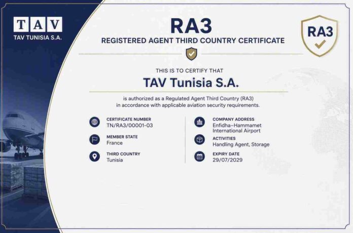 TAV Tunisie obtient la certification RA3 pour ses opérations de fret à l'Aéroport International Enfidha–Hammamet